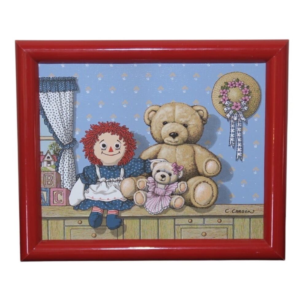Raggedy Ann and Teddy Bear Friends Art Print 1999 Painting Signed Carson Framed